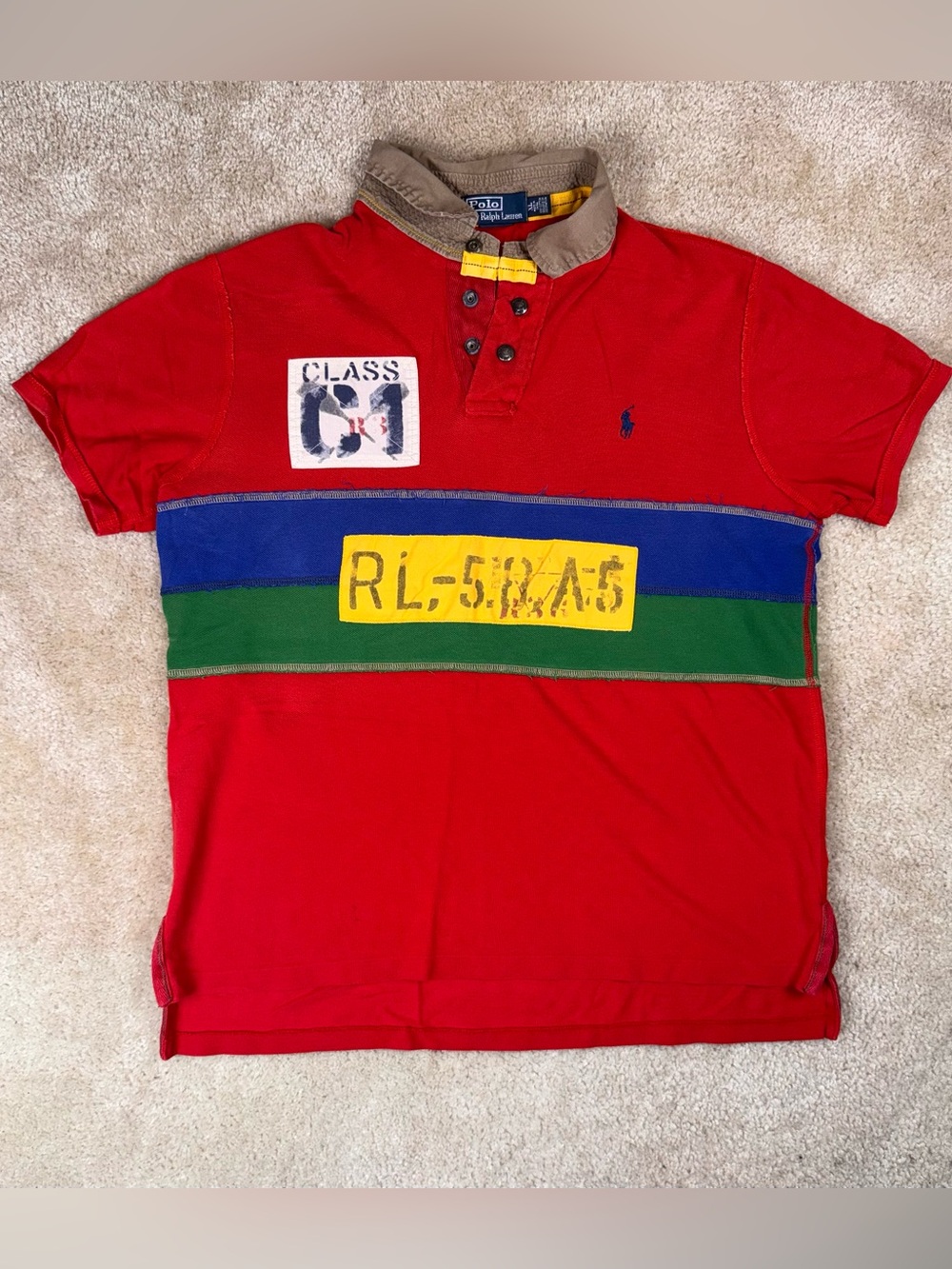RARE VTG POLO RALPH LAUREN CLASS C1 RAFTING SPELL OUT STRIPED POLO SHIRT 90S XL